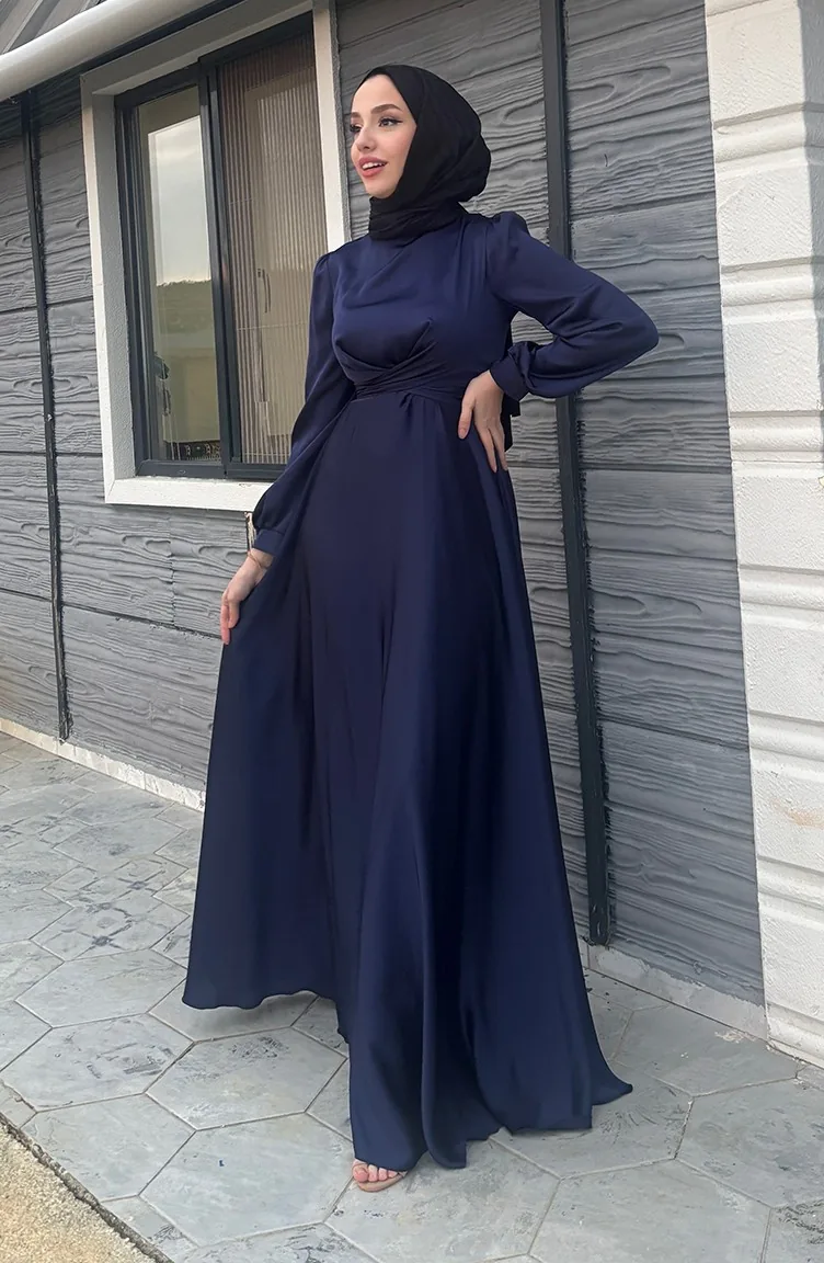 Robe De Soirée Satin Kobe Nouée Devant 5513-02 Bleu Marine 5513-02