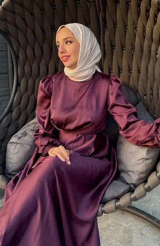 فستان سهرة ستان بتصميم رابطة أمامية 5513-04 لون خمري 5513-04