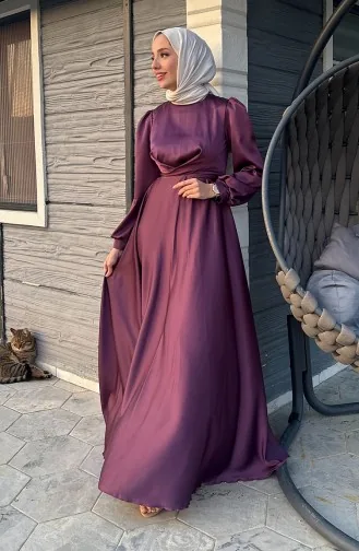 فستان سهرة ستان بتصميم رابطة أمامية 5513-04 لون خمري 5513-04