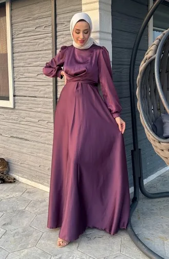 فستان سهرة ستان بتصميم رابطة أمامية 5513-04 لون خمري 5513-04