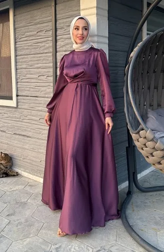 فستان سهرة ستان بتصميم رابطة أمامية 5513-04 لون خمري 5513-04