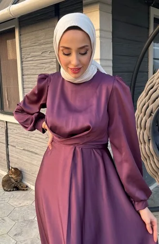 فستان سهرة ستان بتصميم رابطة أمامية 5513-04 لون خمري 5513-04