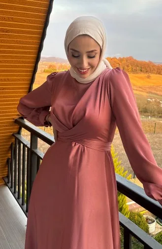 فستان سهرة ستان بتصميم رابطة أمامية 5513-06 لون وردي مغبر 5513-06