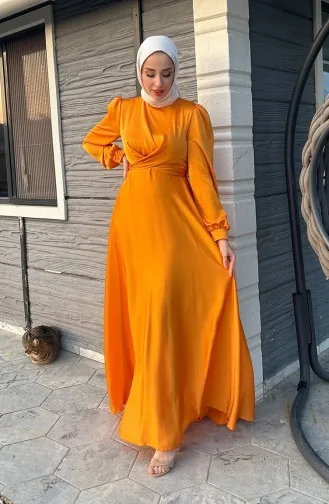 فستان سهرة ستان بتصميم رابطة أمامية 5513-08 لون أصفر 5513-08