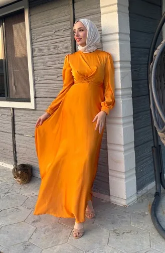 فستان سهرة ستان بتصميم رابطة أمامية 5513-08 لون أصفر 5513-08