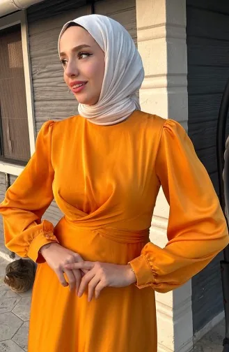 فستان سهرة ستان بتصميم رابطة أمامية 5513-08 لون أصفر 5513-08