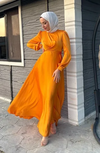 فستان سهرة ستان بتصميم رابطة أمامية 5513-08 لون أصفر 5513-08