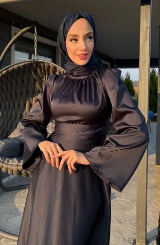 Önü Büzgülü Zara Saten Abiye Elbise 5514-01 Lacivert