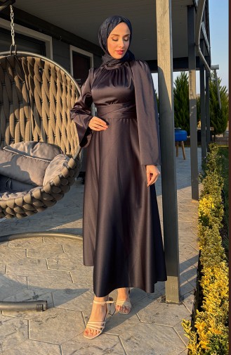 فستان سهرة ستان بتفاصيل من الامام من زارا 5514-01 لون كحلي 5514-01