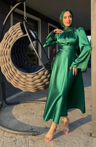 Robe De Soirée Satin Froncee Devant 5514-02 Vert Emeraude 5514-02