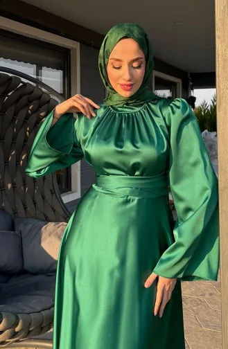 Robe De Soirée Satin Froncee Devant 5514-02 Vert Emeraude 5514-02