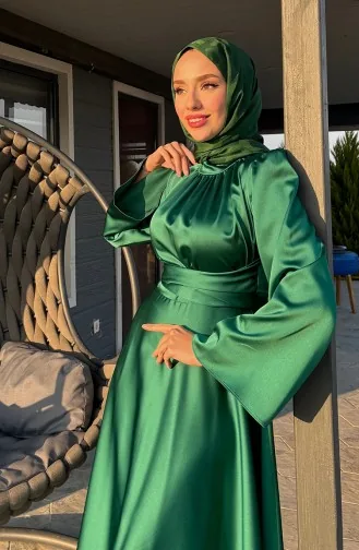 Robe De Soirée Satin Froncee Devant 5514-02 Vert Emeraude 5514-02
