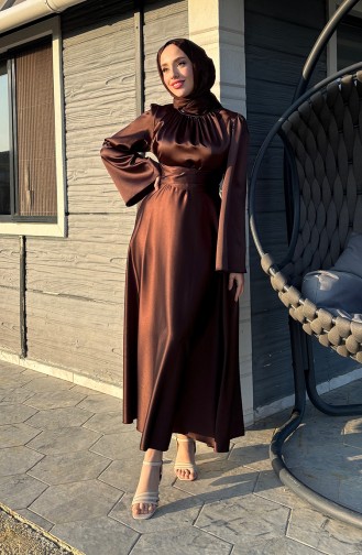 Önü Büzgülü Zara Saten Abiye Elbise 5514-03 Kahverengi