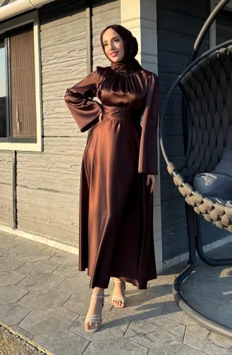 Önü Büzgülü Zara Saten Abiye Elbise 5514-03 Kahverengi