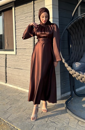 Önü Büzgülü Zara Saten Abiye Elbise 5514-03 Kahverengi