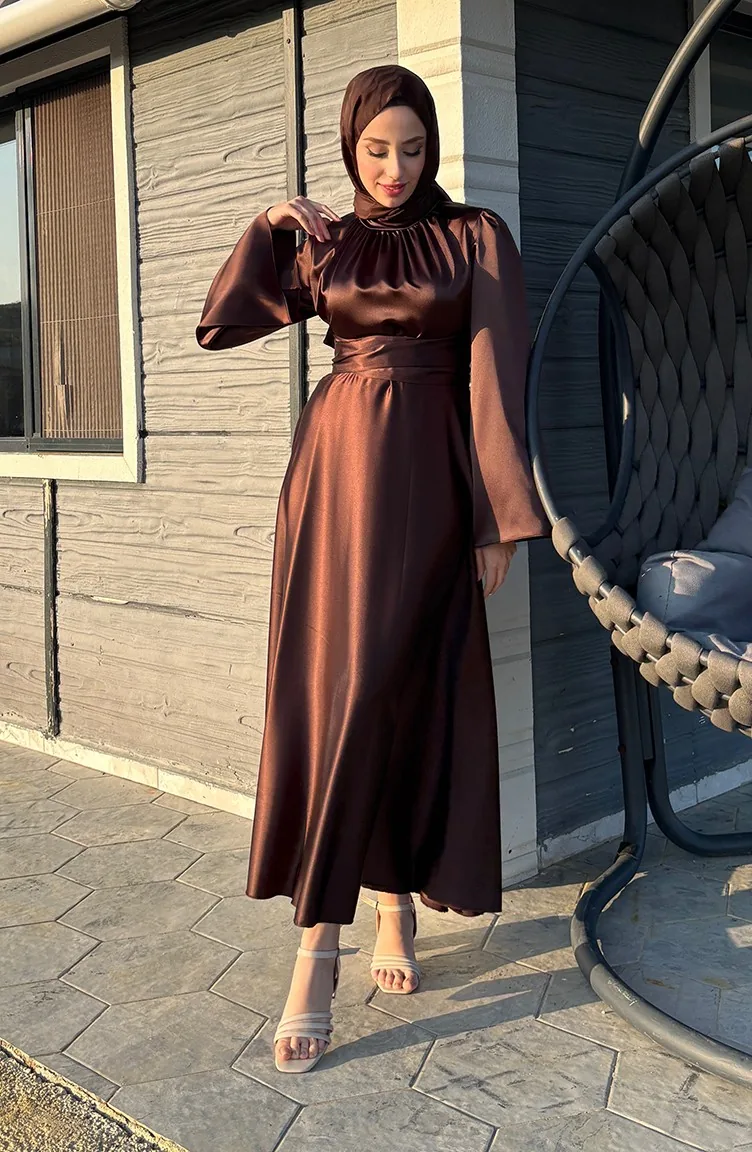 Zara Satin Evening Dress With Pleats 5514-03 Brown 5514-03 | Sefamerve