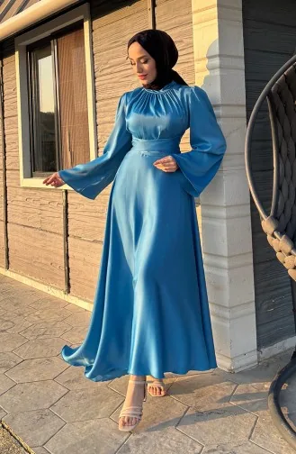 Önü Büzgülü Zara Saten Abiye Elbise 5514-05 İndigo