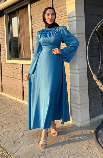 Önü Büzgülü Zara Saten Abiye Elbise 5514-05 İndigo