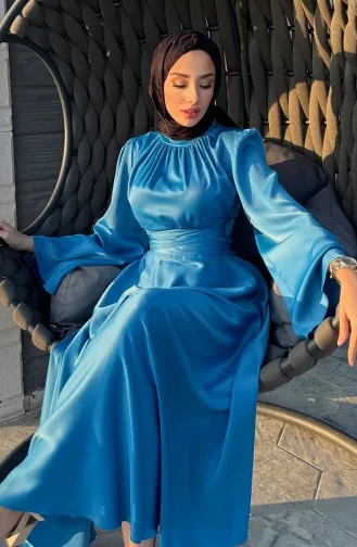 Önü Büzgülü Zara Saten Abiye Elbise 5514-05 İndigo