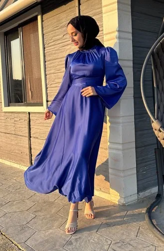 Zara Satin Evening Dress With Pleats In Front 5514-07 Saxe 5514-07