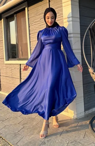 Zara Satin Evening Dress With Pleats In Front 5514-07 Saxe 5514-07