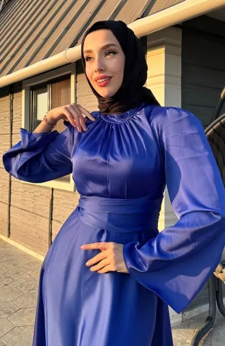 Zara Satin Evening Dress With Pleats In Front 5514-07 Saxe 5514-07