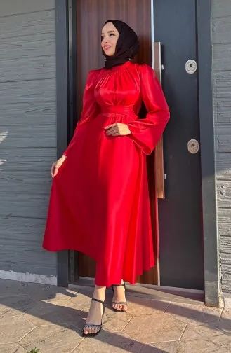 Önü Büzgülü Zara Saten Abiye Elbise 5514-09 Kırmızı