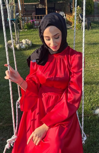 فستان سهرة ستان بتفاصيل من الامام من زارا 5514-09 لون احمر 5514-09