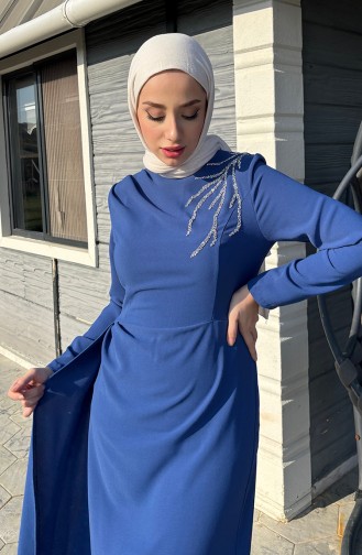Önü Taşlı Abiye Elbise 5515-01 İndigo