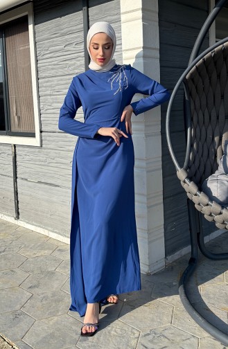 Önü Taşlı Abiye Elbise 5515-01 İndigo