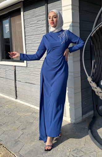Önü Taşlı Abiye Elbise 5515-01 İndigo