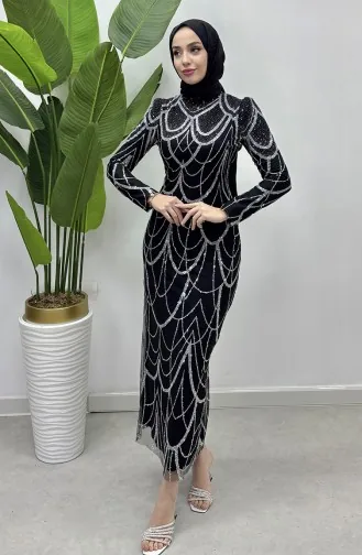 فستان سهرة تول بتصميم مُطبع بسلسلة 5516-01 لون أسود 5516-01