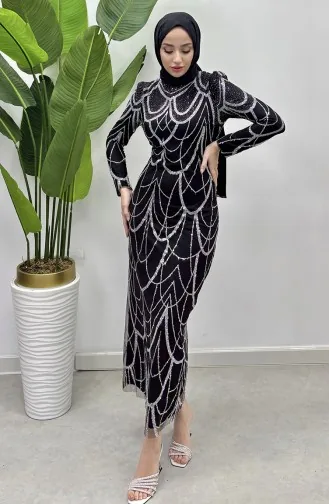 فستان سهرة تول بتصميم مُطبع بسلسلة 5516-01 لون أسود 5516-01