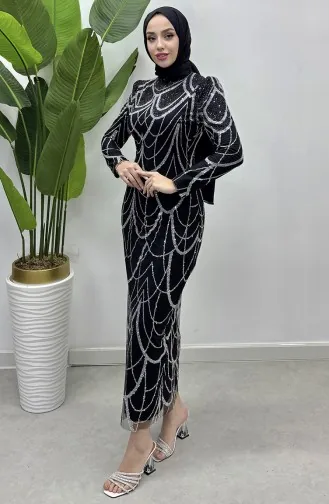 فستان سهرة تول بتصميم مُطبع بسلسلة 5516-01 لون أسود 5516-01