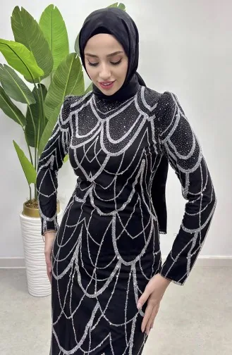فستان سهرة تول بتصميم مُطبع بسلسلة 5516-01 لون أسود 5516-01
