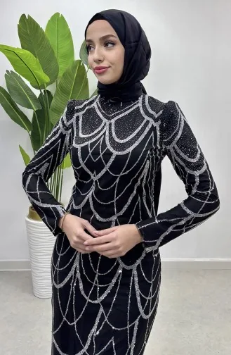 فستان سهرة تول بتصميم مُطبع بسلسلة 5516-01 لون أسود 5516-01