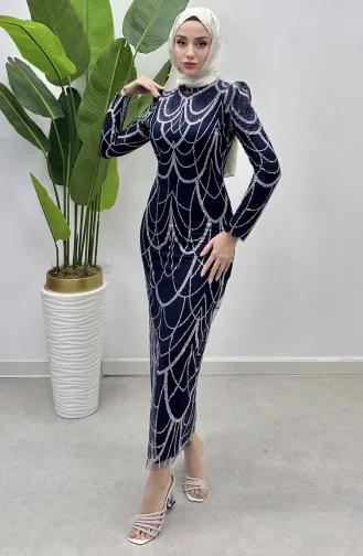 Robe De Soirée Tulle A Motifs Chaine 5516-02 Bleu Marine 5516-02