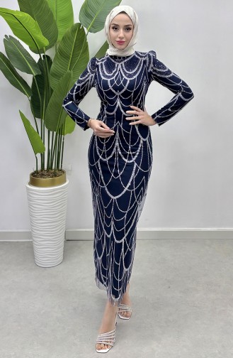 Abendkleid Aus Tüll Mit Kettenmuster 5516-02 Marineblau 5516-02