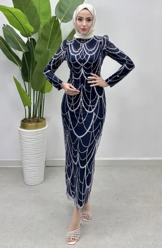Robe De Soirée Tulle A Motifs Chaine 5516-02 Bleu Marine 5516-02