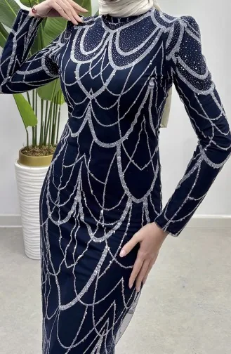 Robe De Soirée Tulle A Motifs Chaine 5516-02 Bleu Marine 5516-02