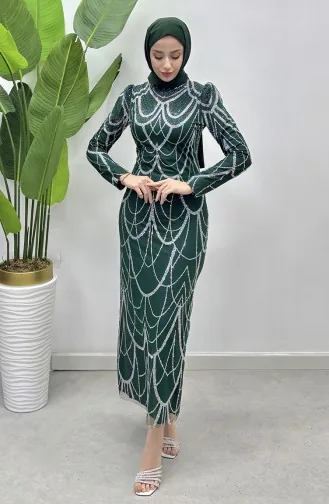Chain Patterned Tulle Evening Dress 5516-03 Emerald Green 5516-03