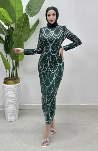 Chain Patterned Tulle Evening Dress 5516-03 Emerald Green 5516-03