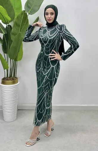 Chain Patterned Tulle Evening Dress 5516-03 Emerald Green 5516-03