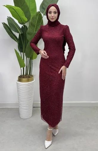Simli Tül Abiye Elbise 5517-04 Bordo