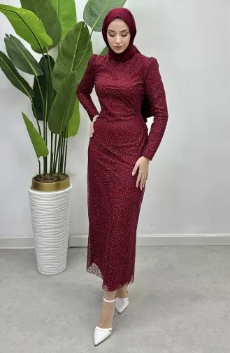 Simli Tül Abiye Elbise 5517-04 Bordo