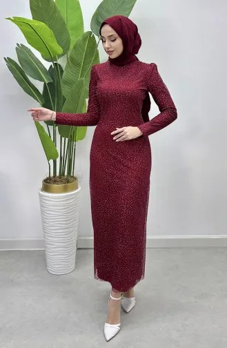 Simli Tül Abiye Elbise 5517-04 Bordo