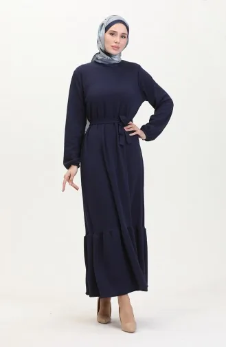 Burgu Kumaş Fitilli Fırfırlı Elbise 0528-02 Lacivert