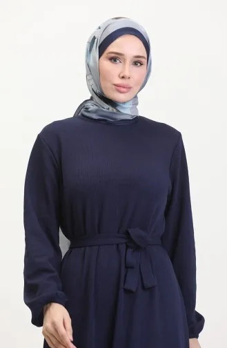 Burgu Kumaş Fitilli Fırfırlı Elbise 0528-02 Lacivert