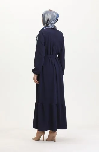 Burgu Kumaş Fitilli Fırfırlı Elbise 0528-02 Lacivert