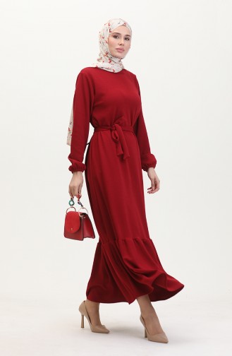 Burgu Kumaş Fitilli Fırfırlı Elbise 0528-03 Bordo